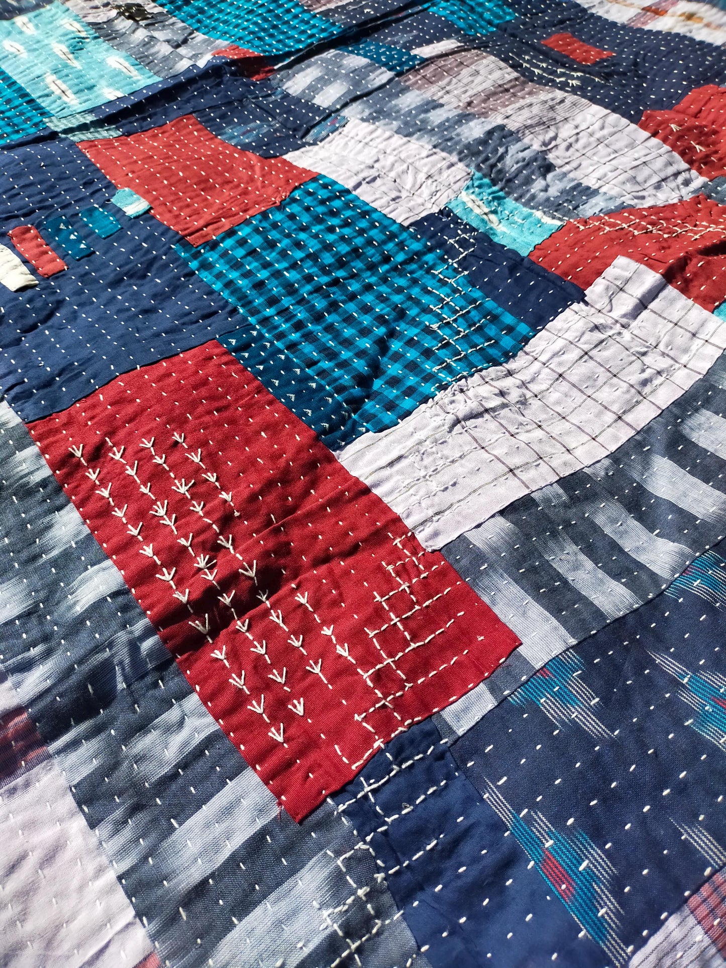 Hand-Stitched Naturally Dyed Godhari Kantha Patchwork Quilt From Maharashtra Made From Cotton Offcuts