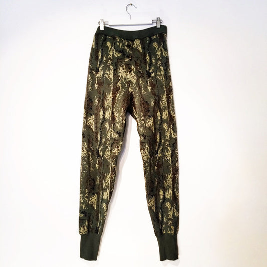 Cork print khaki wool and cotton long johns. Camo green