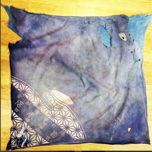 Japaese boro furoshiki with katazome family crest.