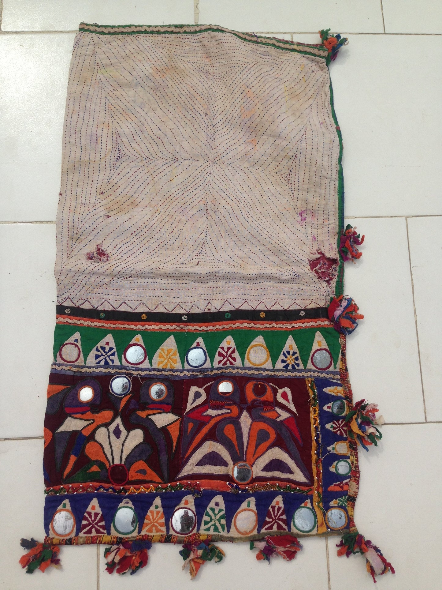 Vintage Hand Stitched Kantha, Banjara Dowry Bag/Pillow Case from Kutch With Hand Embroidery and Mirror Work
