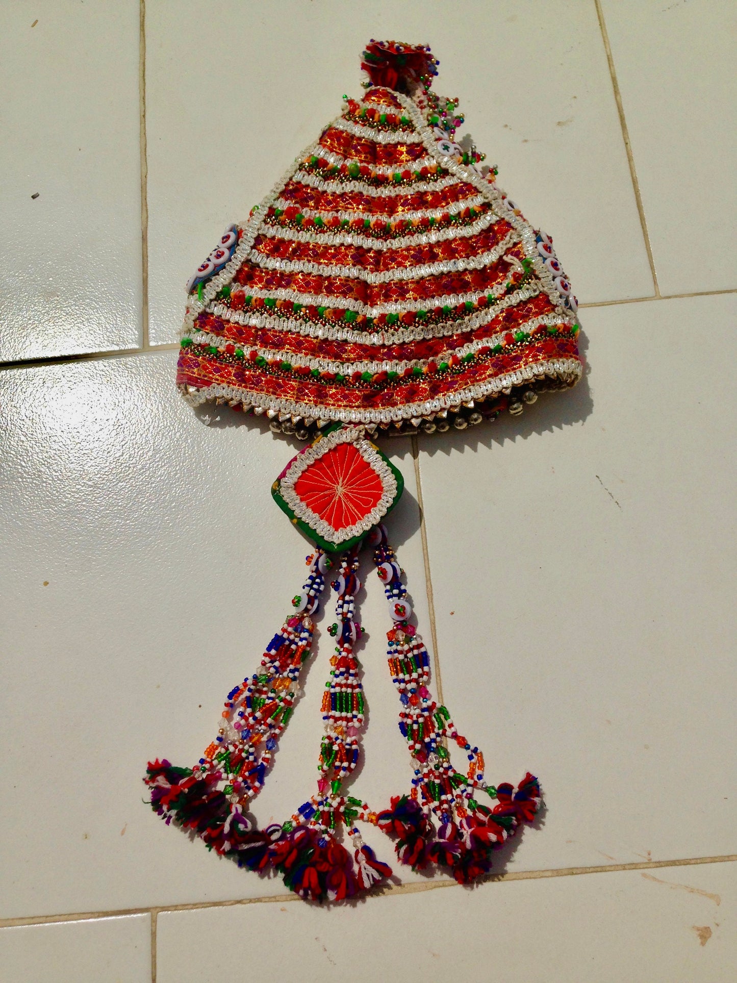 Vintage Gypsy Hand Embroidered Beaded Hat. Ceremonial Banjara Wedding Hat for Children with Silver Talisman