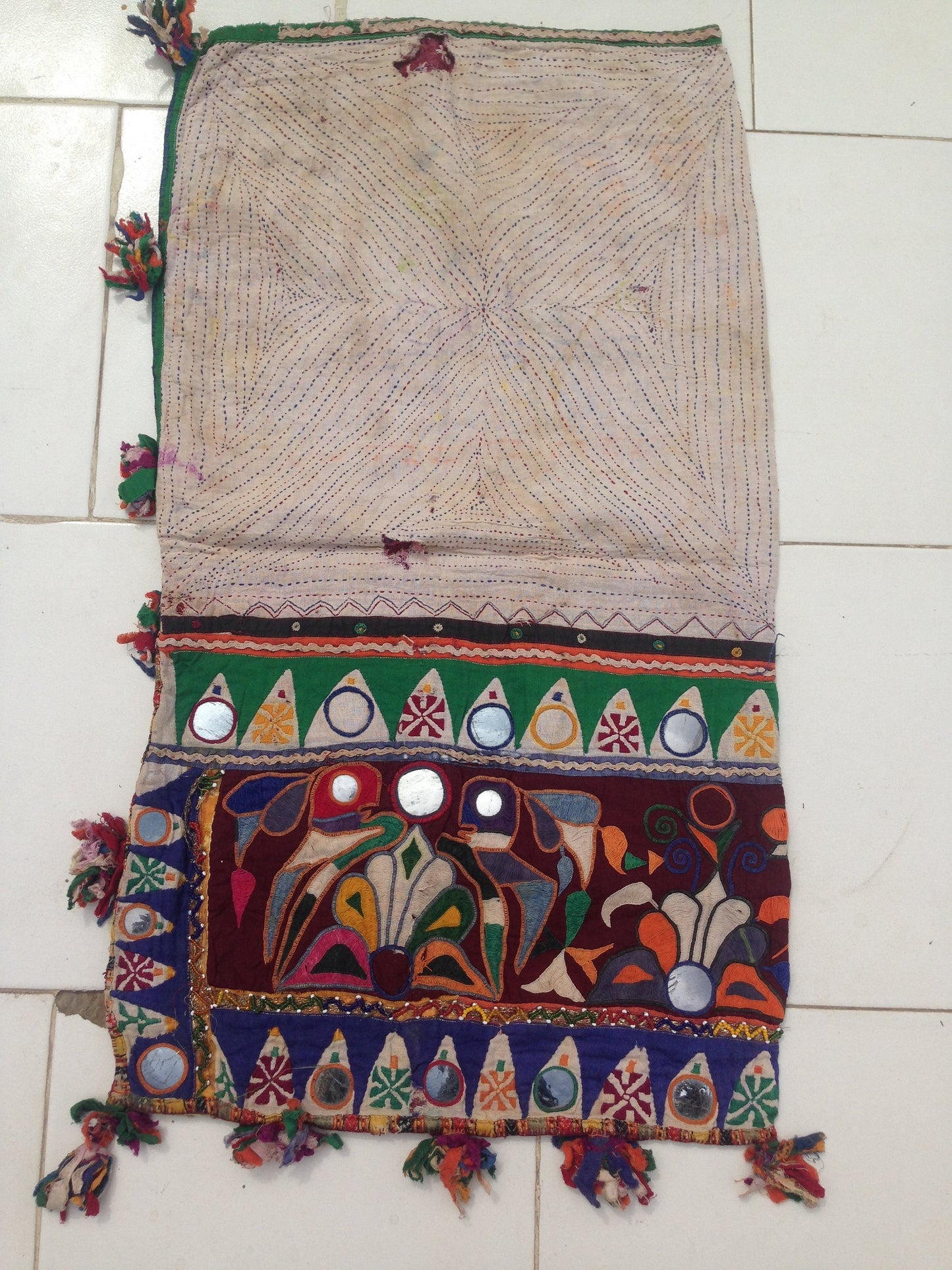 Vintage Hand Stitched Kantha, Banjara Dowry Bag/Pillow Case from Kutch With Hand Embroidery and Mirror Work