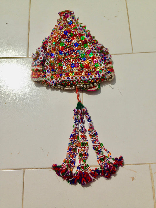 Vintage Gypsy Hand Embroidered Beaded Hat. Ceremonial Banjara Wedding Hat for Children with Silver Talisman