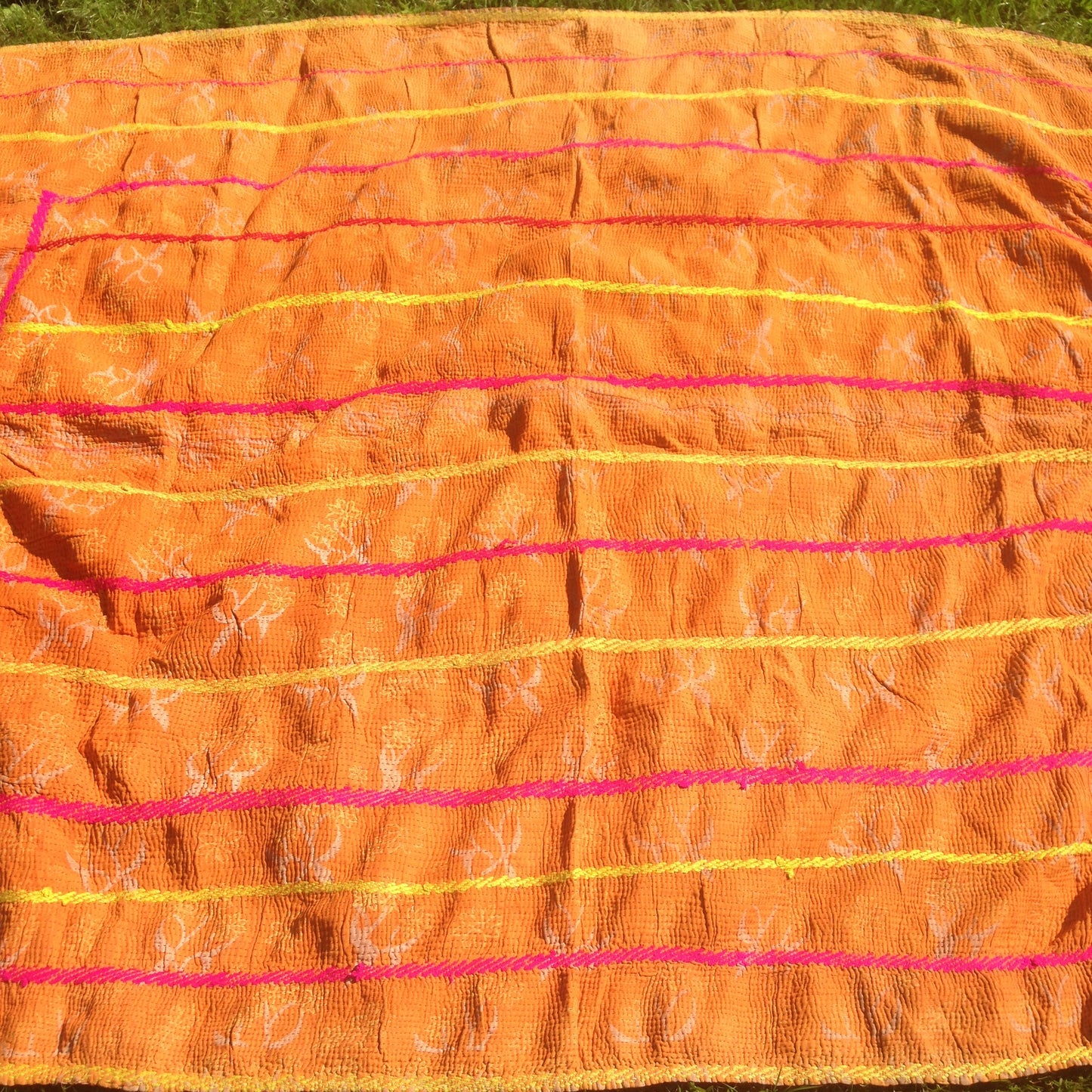 Orange And Pink Antique Kantha Patchwork Blanket/ Throw From West Bengal, India.