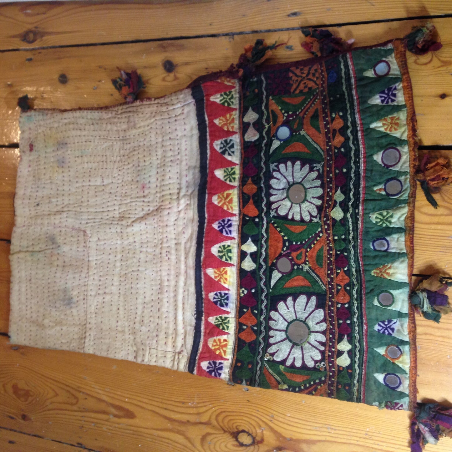 Vintage Hand Stitched Kantha, Banjara Dowry Bag/Pillow Case from Kutch With Hand Embroidery, Aplique and Mirror Work