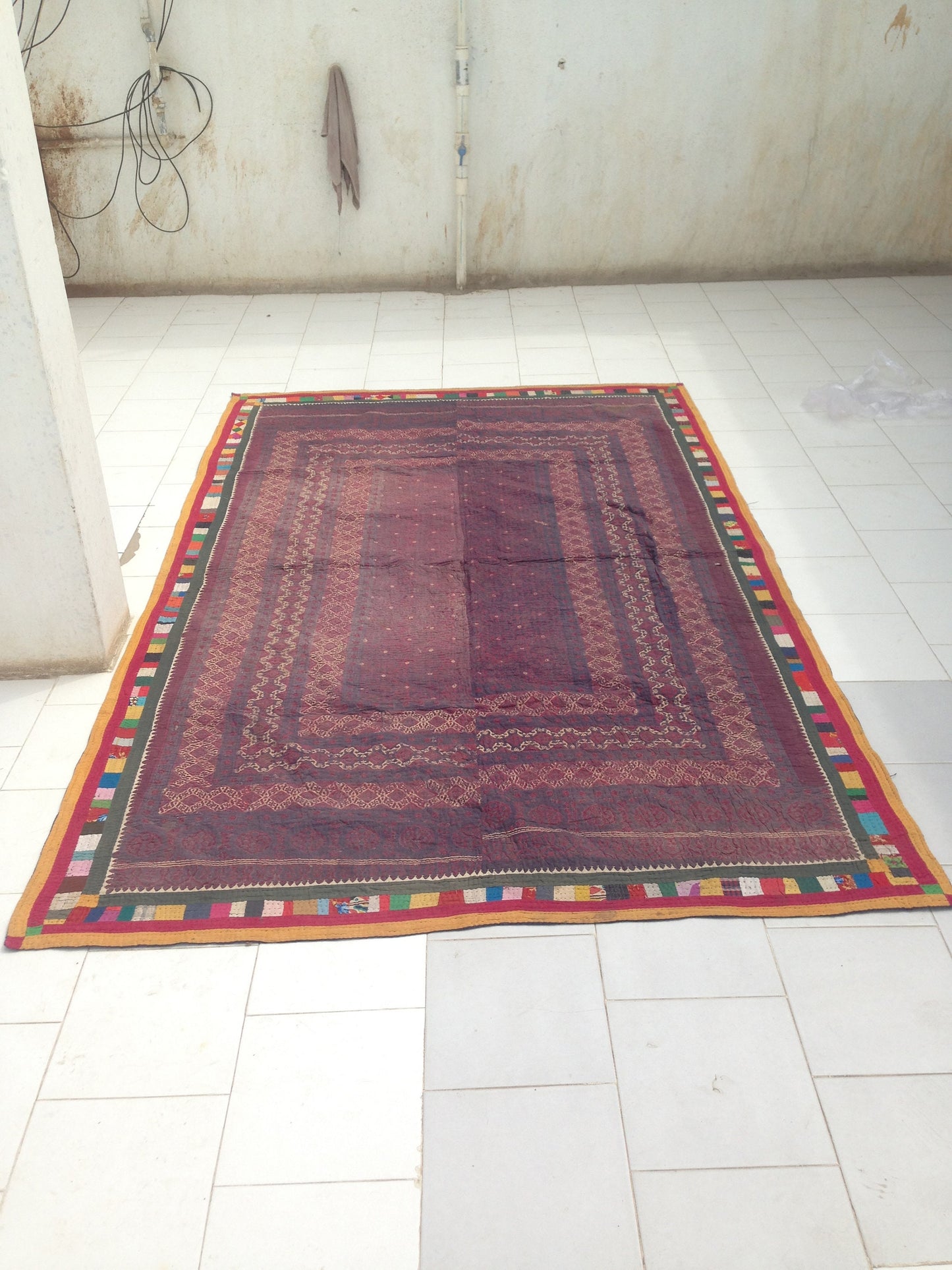 Rare Antique Ajrakh Block Print Kantha Patchwork Blanket Throw From Kutch, India