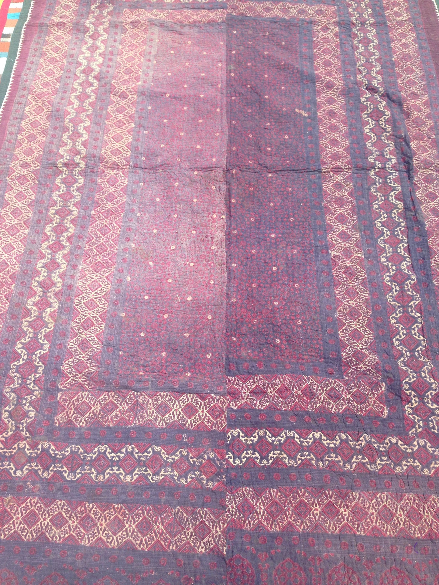 Rare Antique Ajrakh Block Print Kantha Patchwork Blanket Throw From Kutch, India