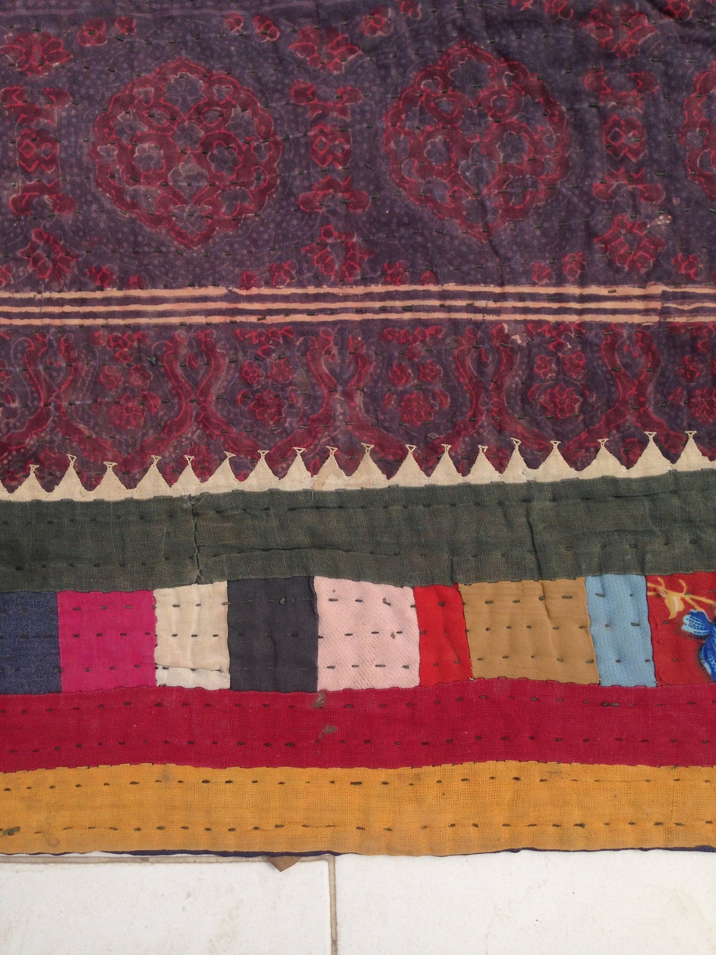 Rare Antique Ajrakh Block Print Kantha Patchwork Blanket Throw From Kutch, India