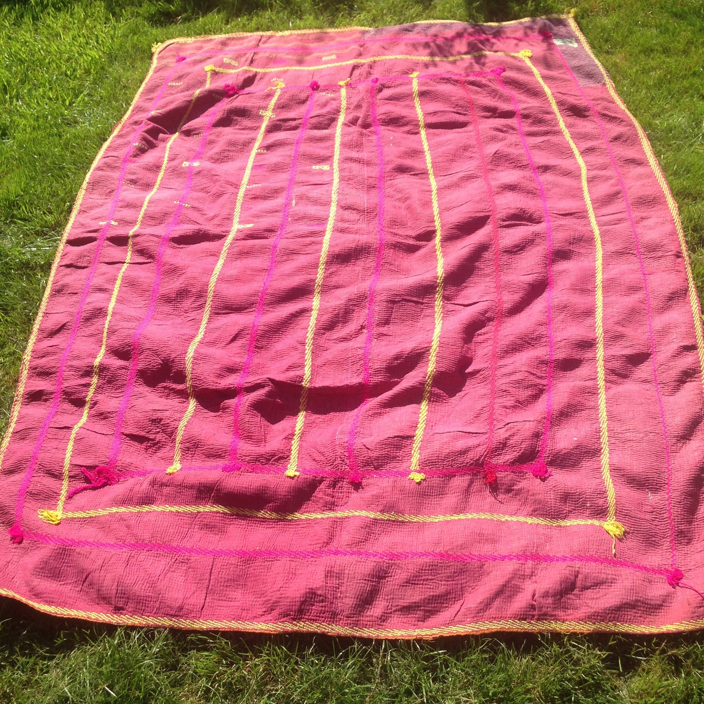 Orange And Pink Antique Kantha Patchwork Blanket/ Throw From West Bengal, India.