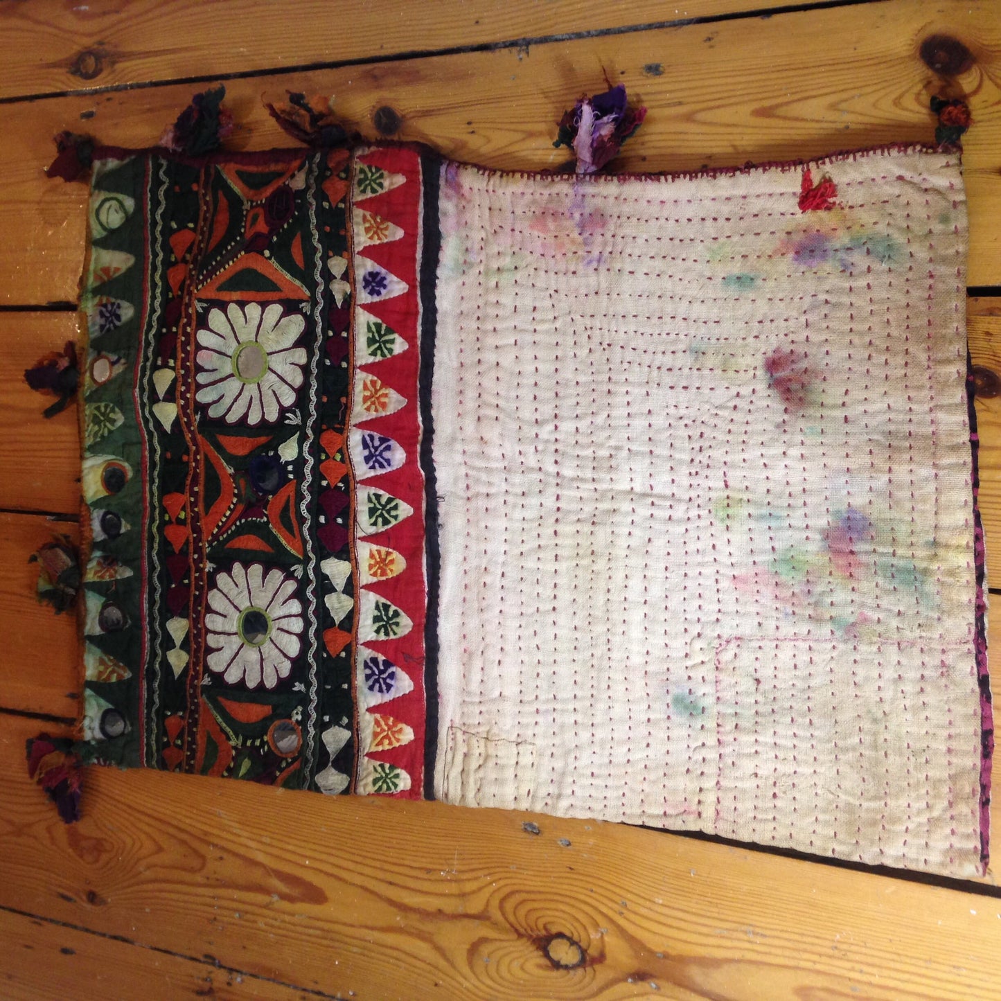 Vintage Hand Stitched Kantha, Banjara Dowry Bag/Pillow Case from Kutch With Hand Embroidery, Aplique and Mirror Work