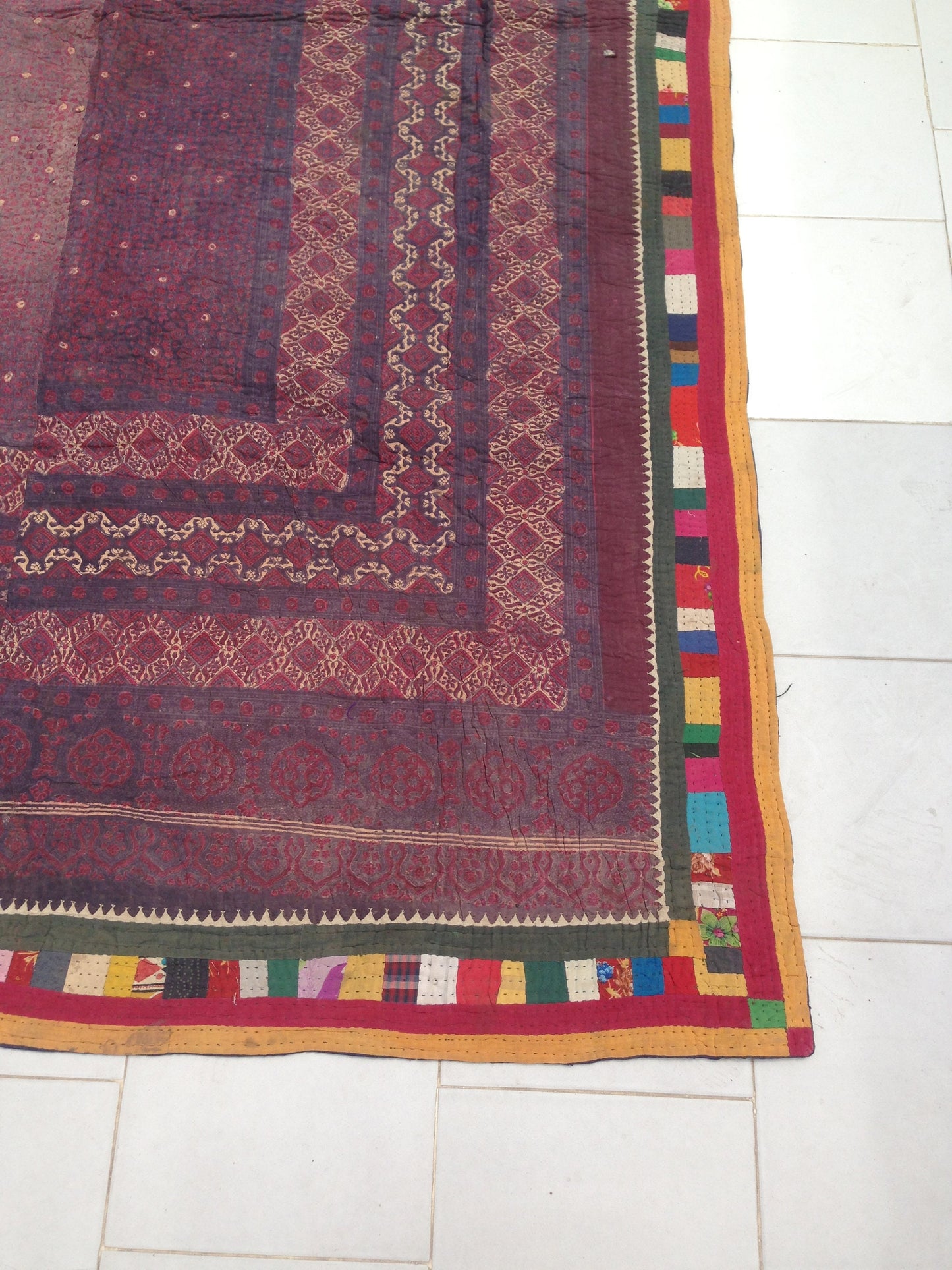 Rare Antique Ajrakh Block Print Kantha Patchwork Blanket Throw From Kutch, India