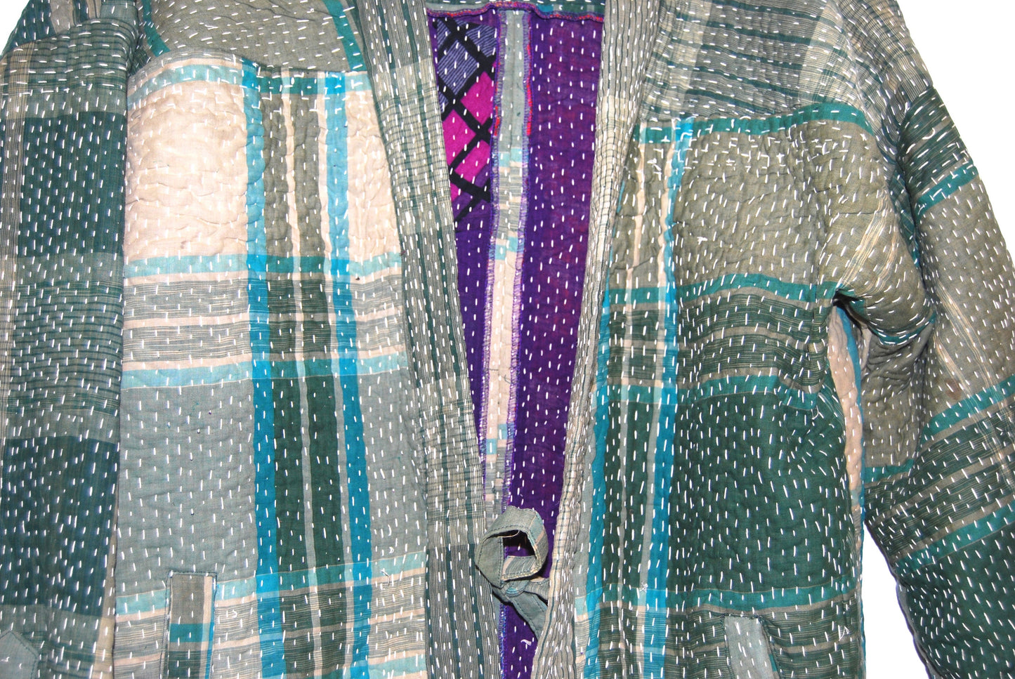 Fairtrade Indian Vintage Tartan Hand-Stitched Kantha Kimono Style Jacket -Unisex