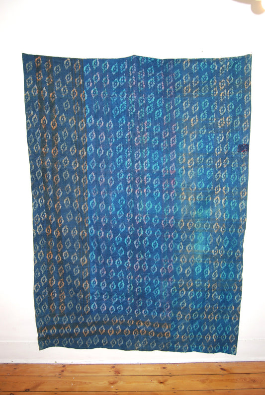 Vintage Block Print Kantha Blanket Throw Overdyed In Natural Indigo Dye
