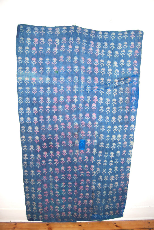 Indian Indigo Hand Block Printed Kantha Quilt Made From Recycled Cotton Saris Hand-Stitched Together