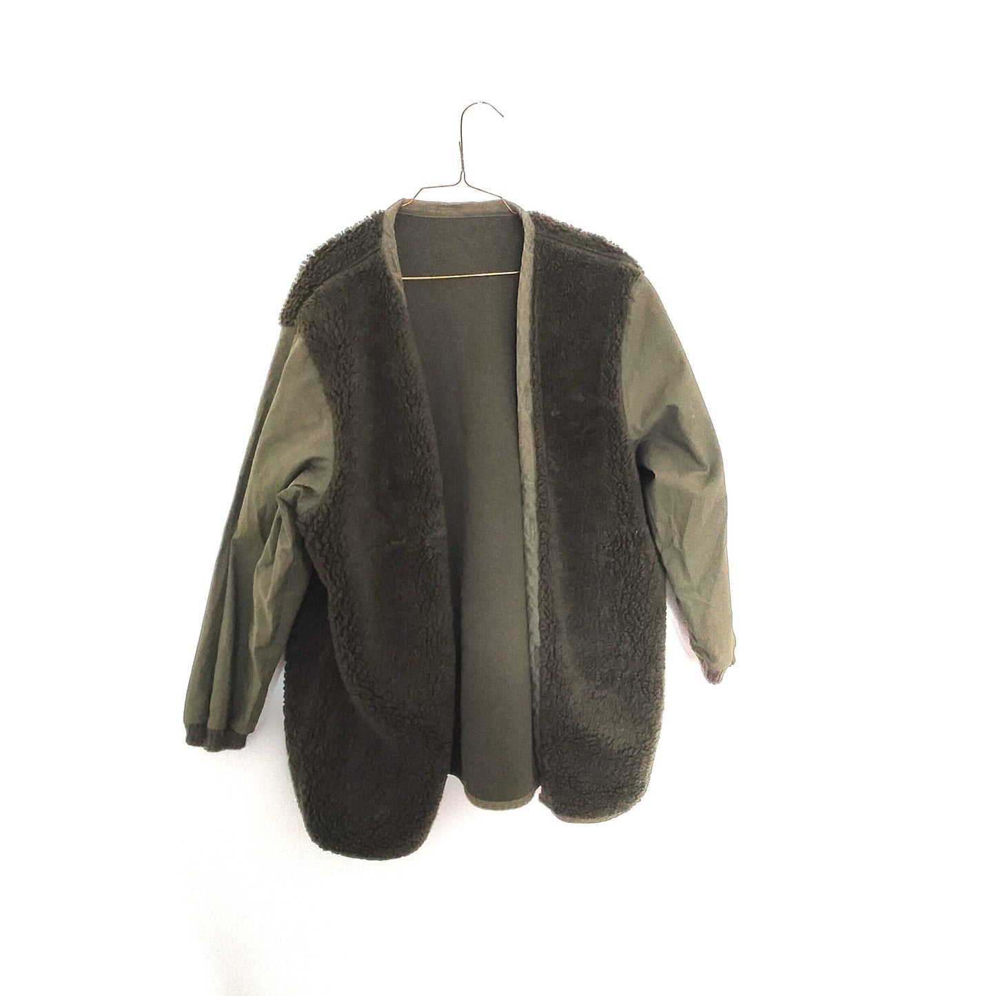 Vintage Army Issue Deep Pile Fleece Cardigan Kimono Liner With Contrast Sleeves. From the 1990’s