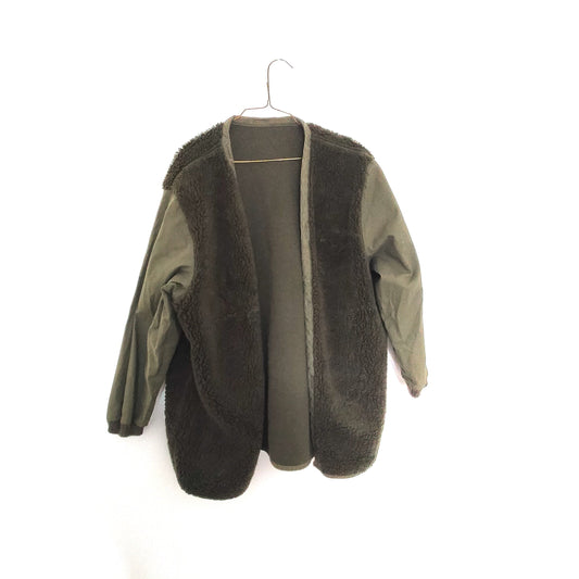 Vintage Army Issue Deep Pile Fleece Cardigan Kimono Liner With Contrast Sleeves. From the 1990’s