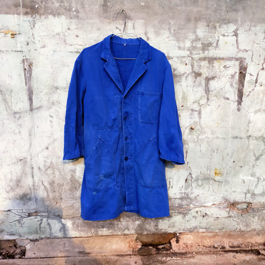 Vintage French Indigo Denim Chore Jacket Duster Coat Travail de Bleu