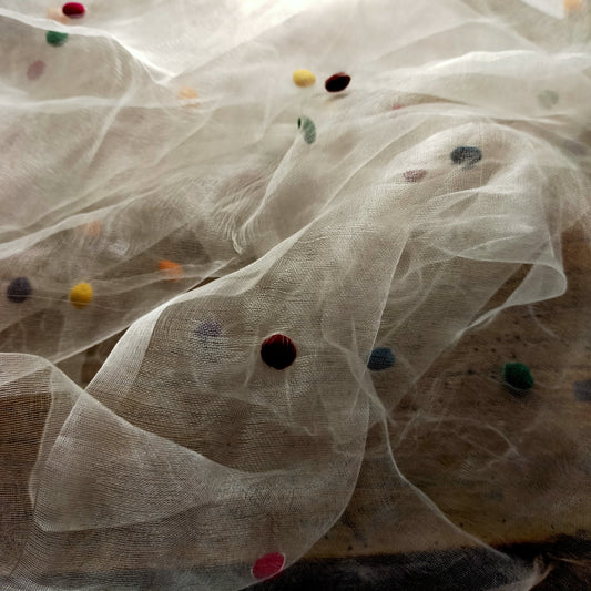 Sheer White Silk Scarf With Multi Coloured Bobbles Woven Through.