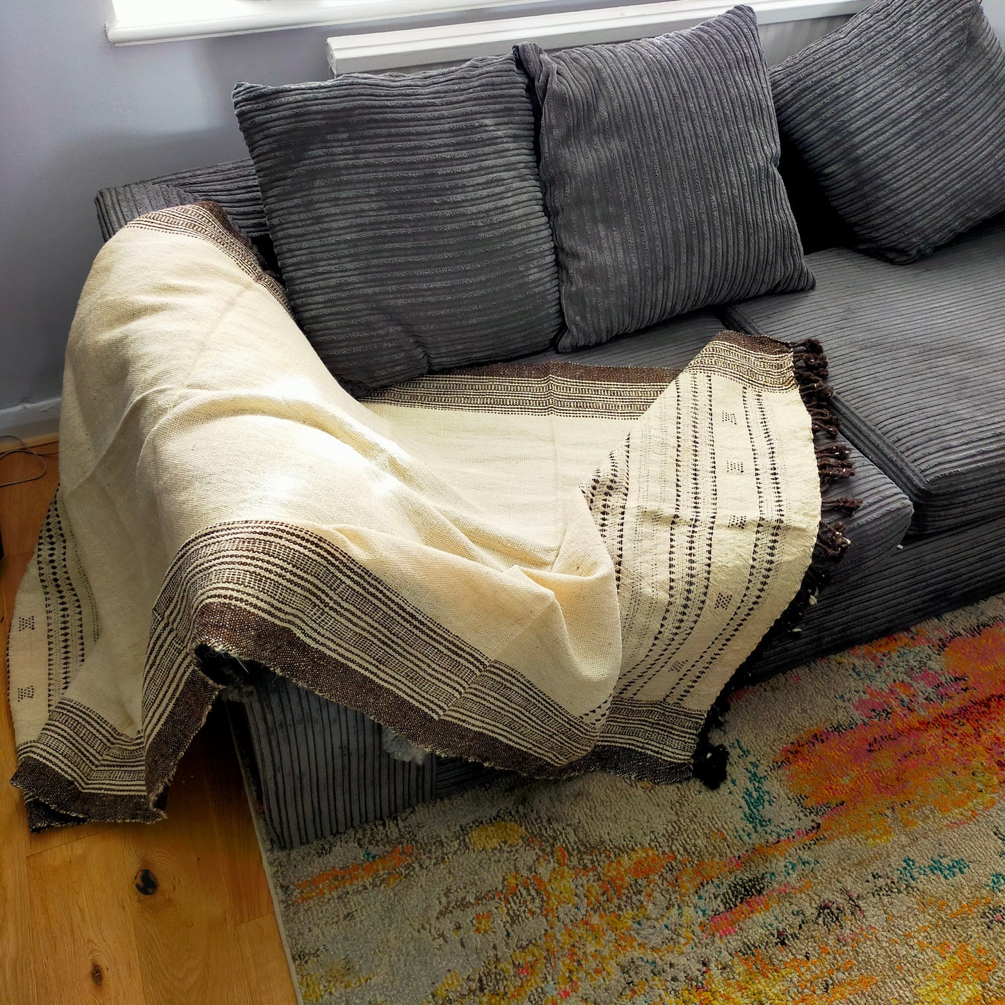 Khadi Handwoven Wollen Shawl From Kutch, India Cream And Brown