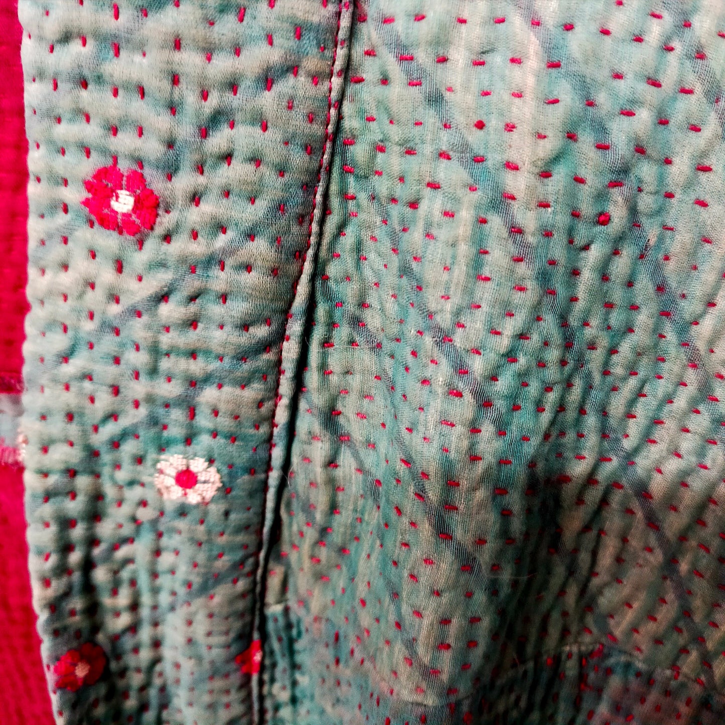 Fair Trade Kantha Kimono Jacket -Unisex Green Hand-Stitched