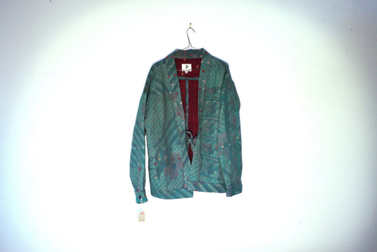 Fair Trade Kantha Kimono Jacket -Unisex Green Hand-Stitched