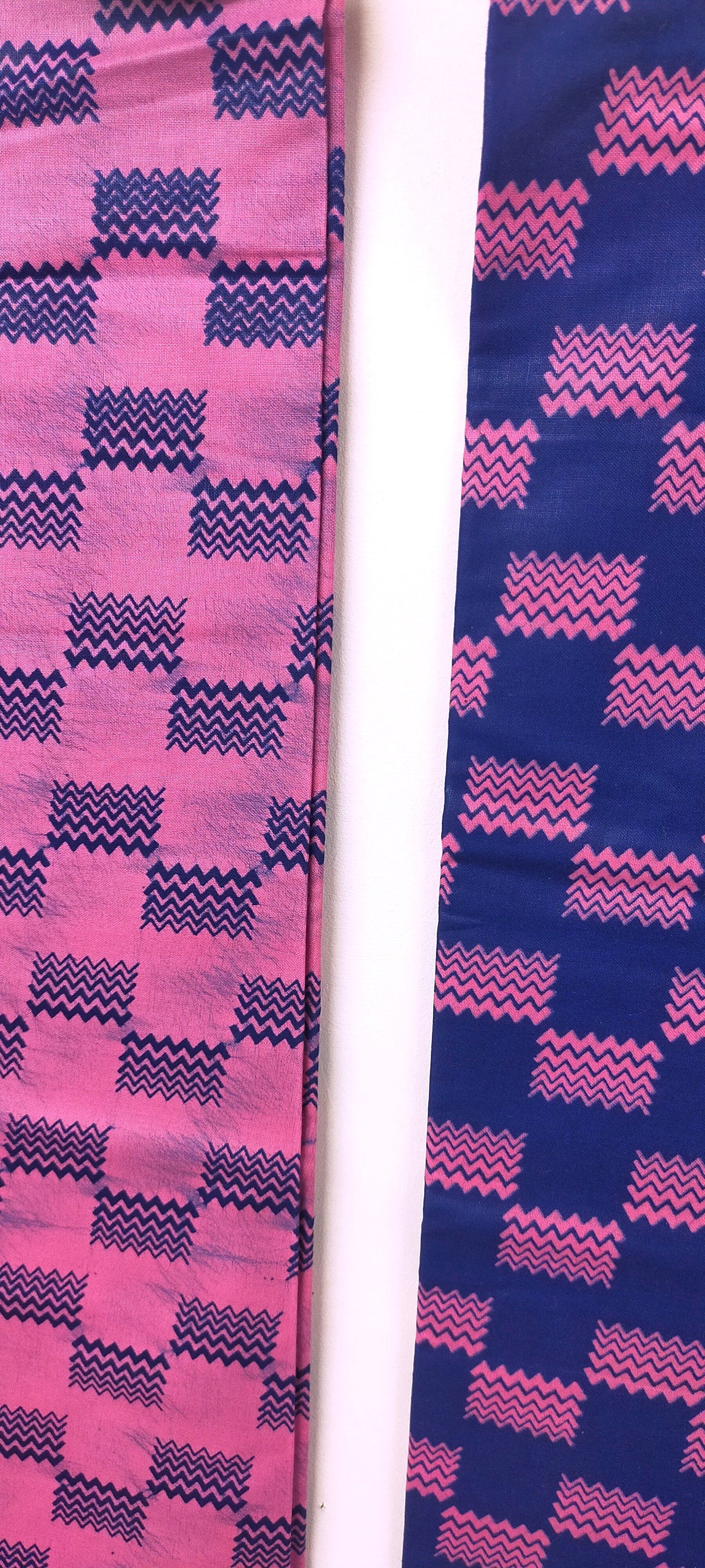 Two Pieces Of Pink and Blue Polished Cotton Batik from Ghana
