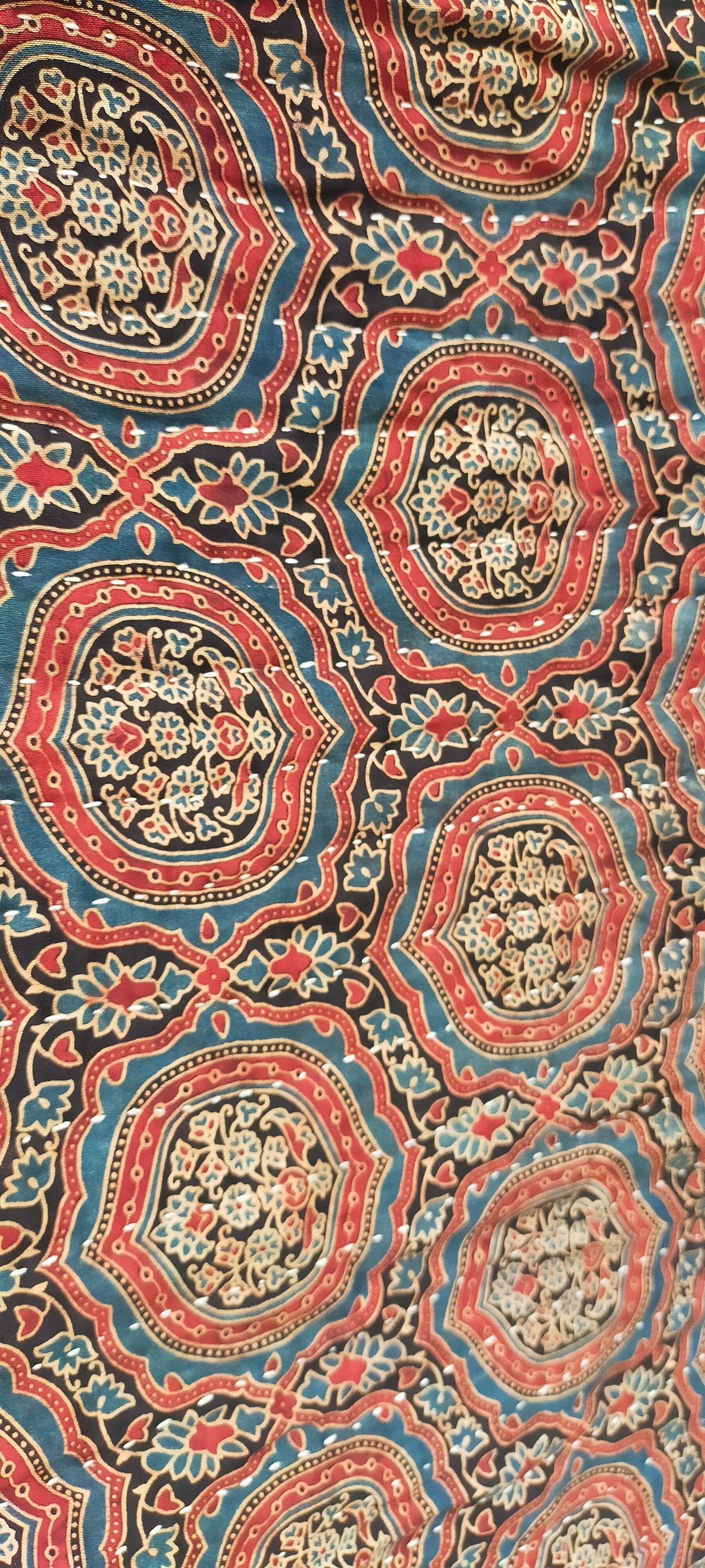 Silk And Cotton Ajrakh Block Printed Kantha Quilt Naturally Dyed