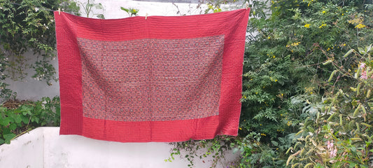 Silk And Cotton Ajrakh Block Printed Kantha Quilt Dyed in Natural Dyes