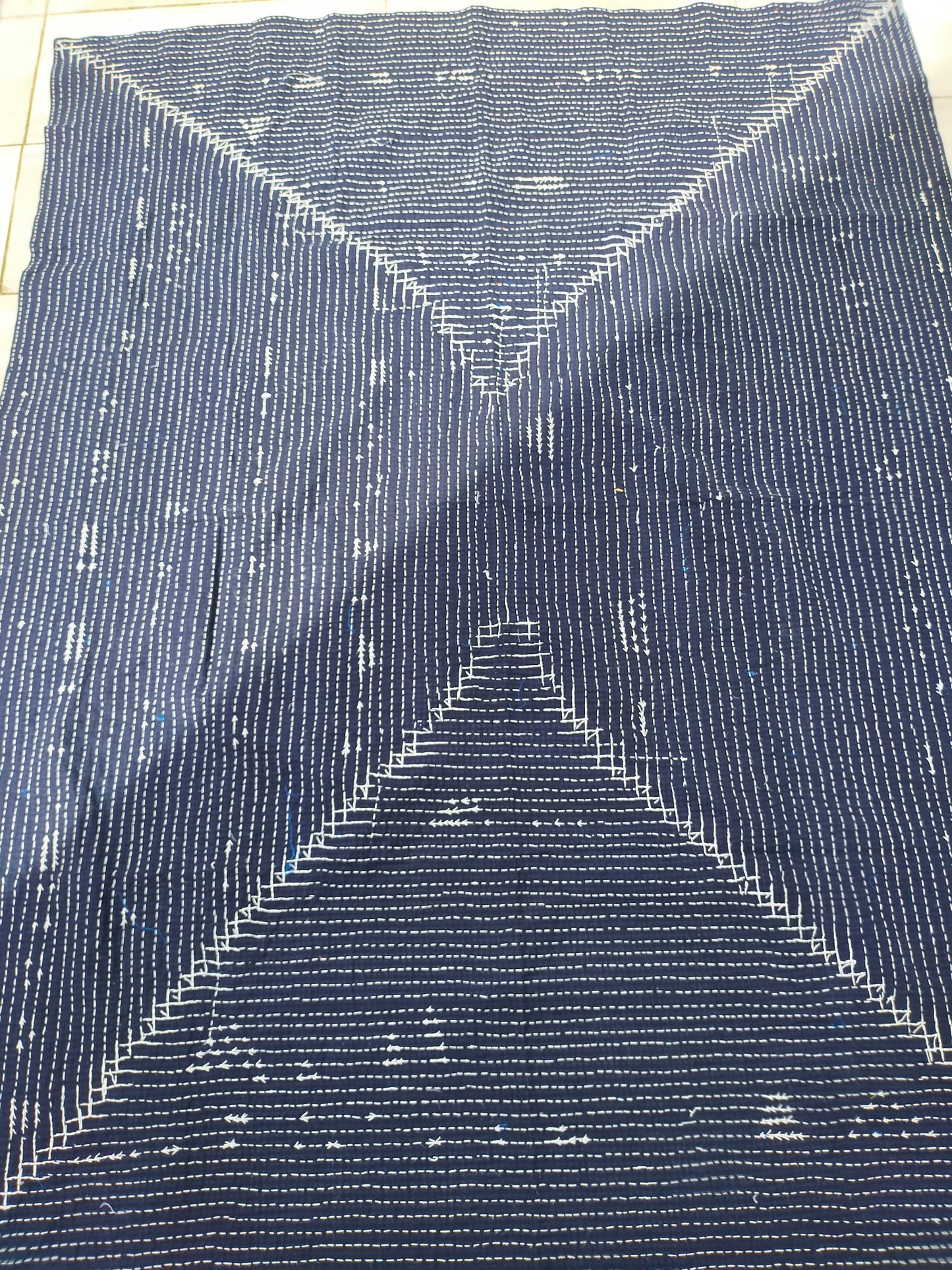 Hand-Stitched Indigo Stripe and Checked Recycled Cotton Lungi Kantha Quilt From India - Blue -