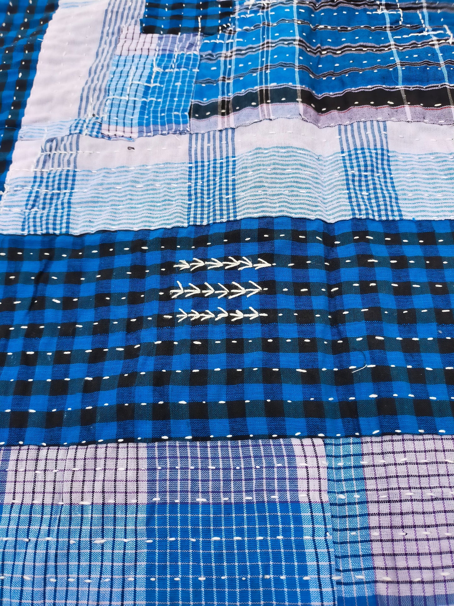 Indigo Stripe and Checked Recycled  Cotton Kantha Quilt From India