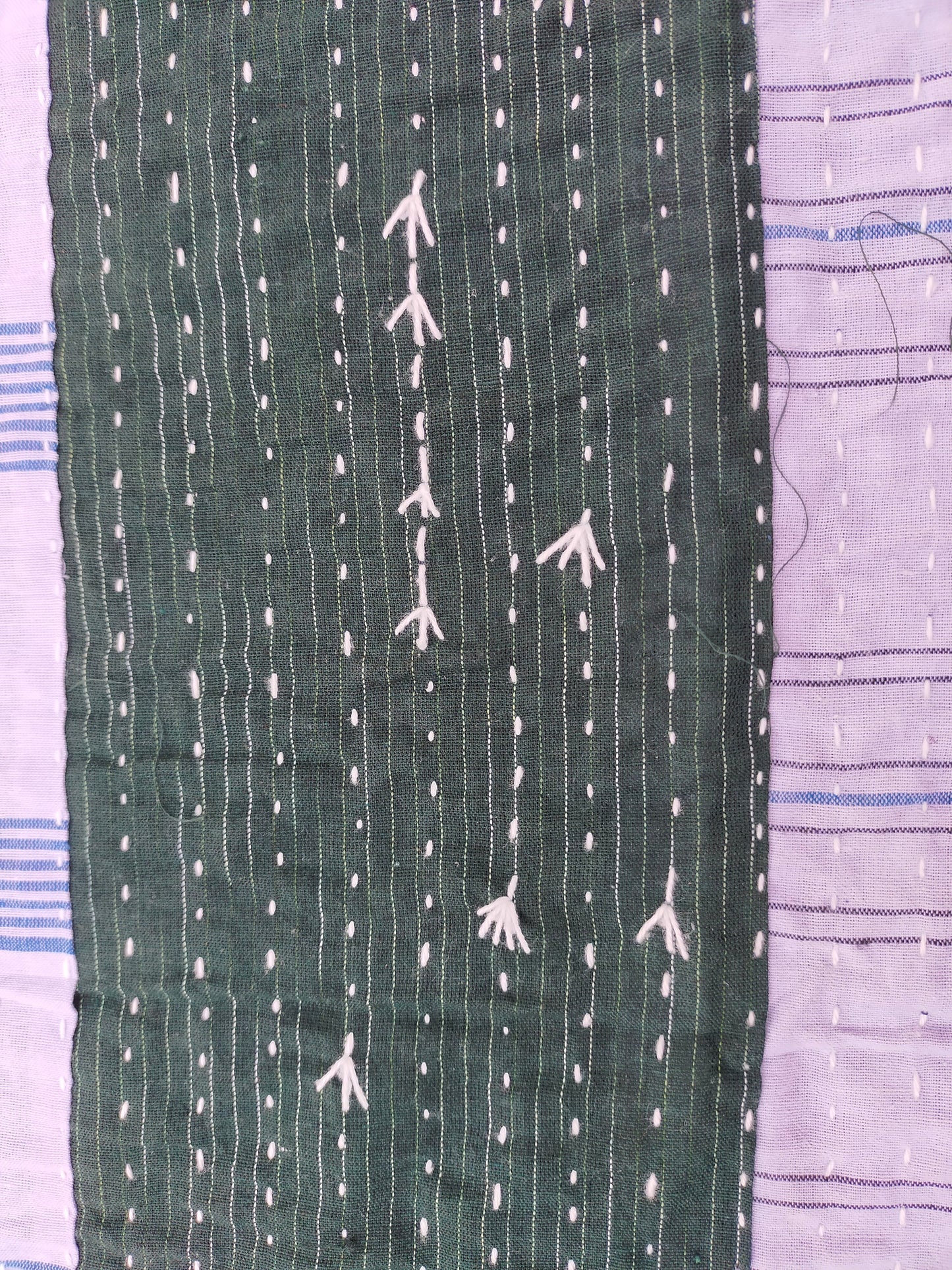 Indigo And Green Stripe and Checked Upcycled Cotton Kantha Quilt Ethically Made In India