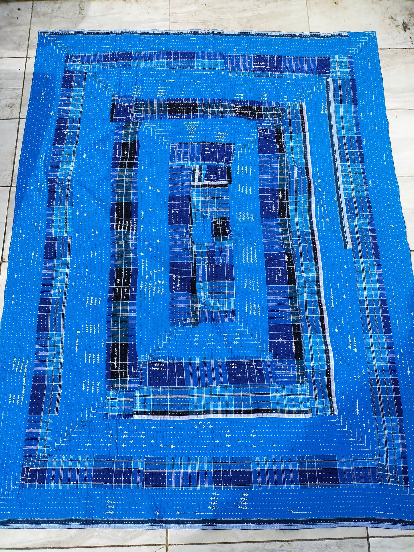 Hand Stitched Indigo Stripe and Checked Lungi Kantha Quilt From Ethically Made In India - Recycled Cotton