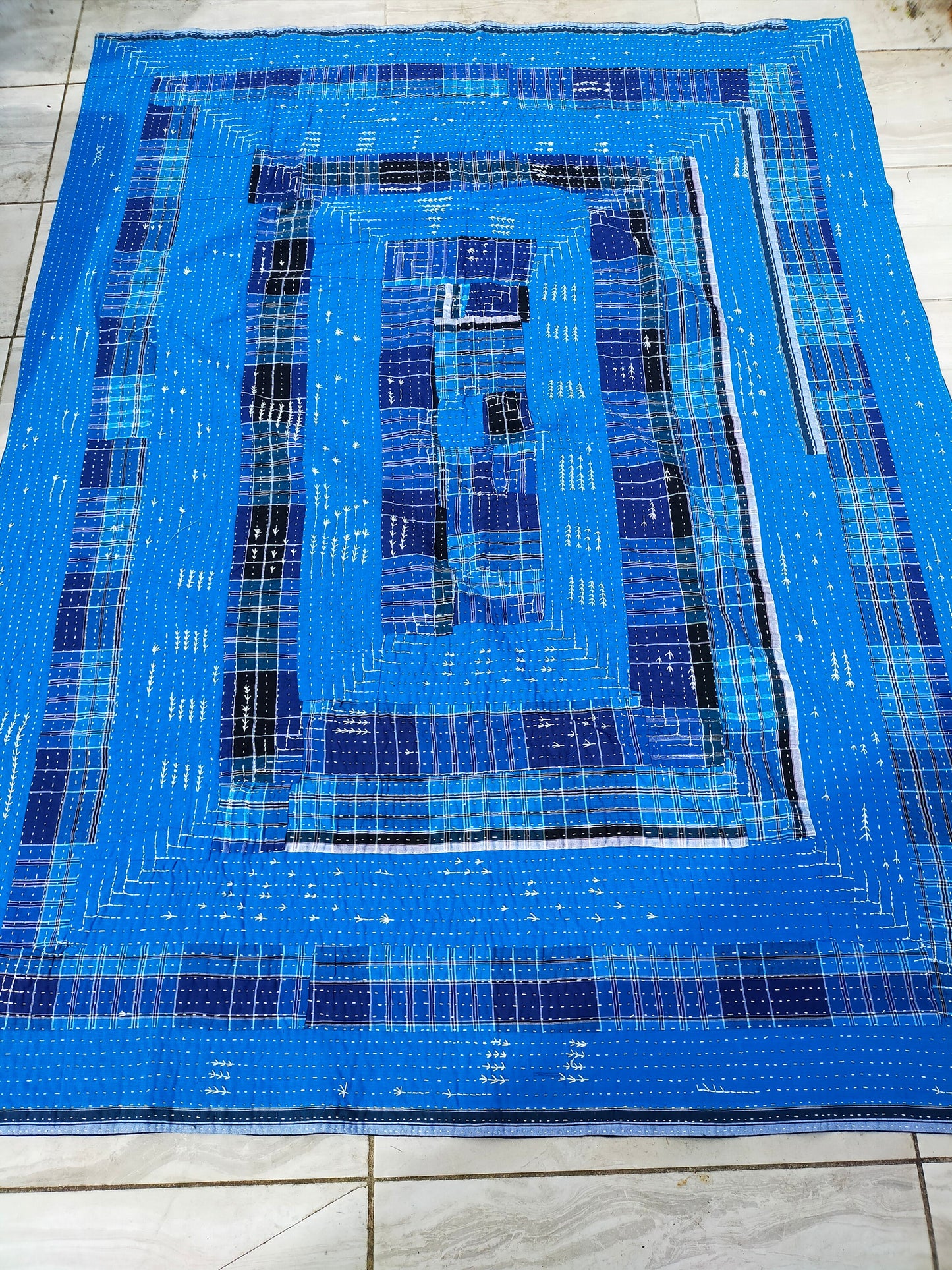 Hand Stitched Indigo Stripe and Checked Lungi Kantha Quilt From Ethically Made In India - Recycled Cotton