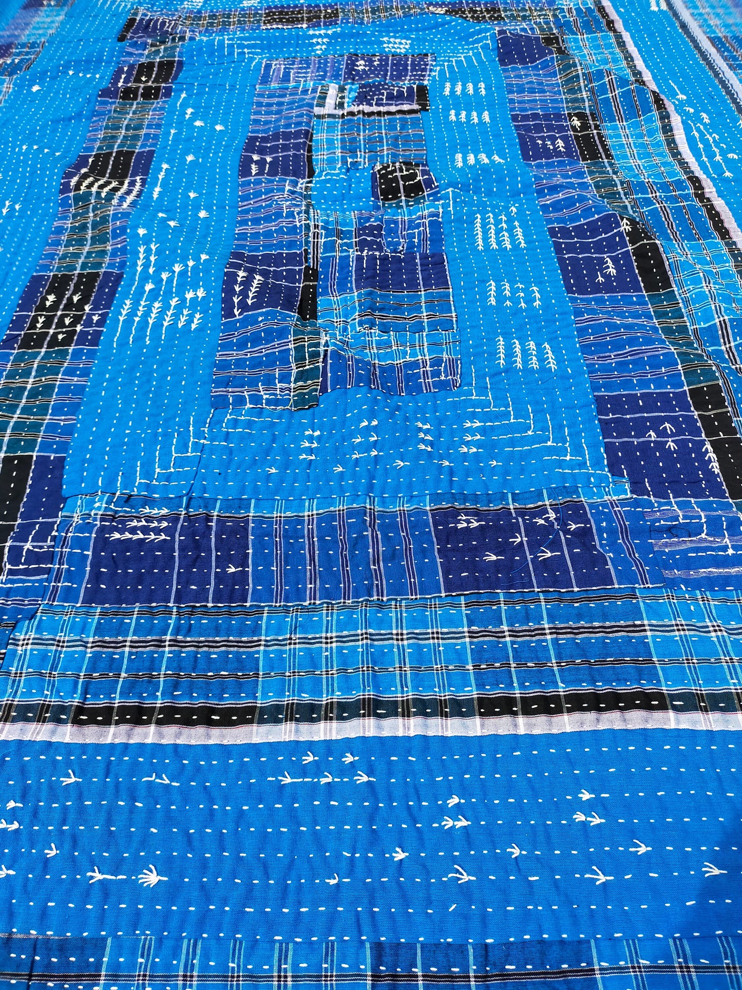 Hand Stitched Indigo Stripe and Checked Lungi Kantha Quilt From Ethically Made In India - Recycled Cotton