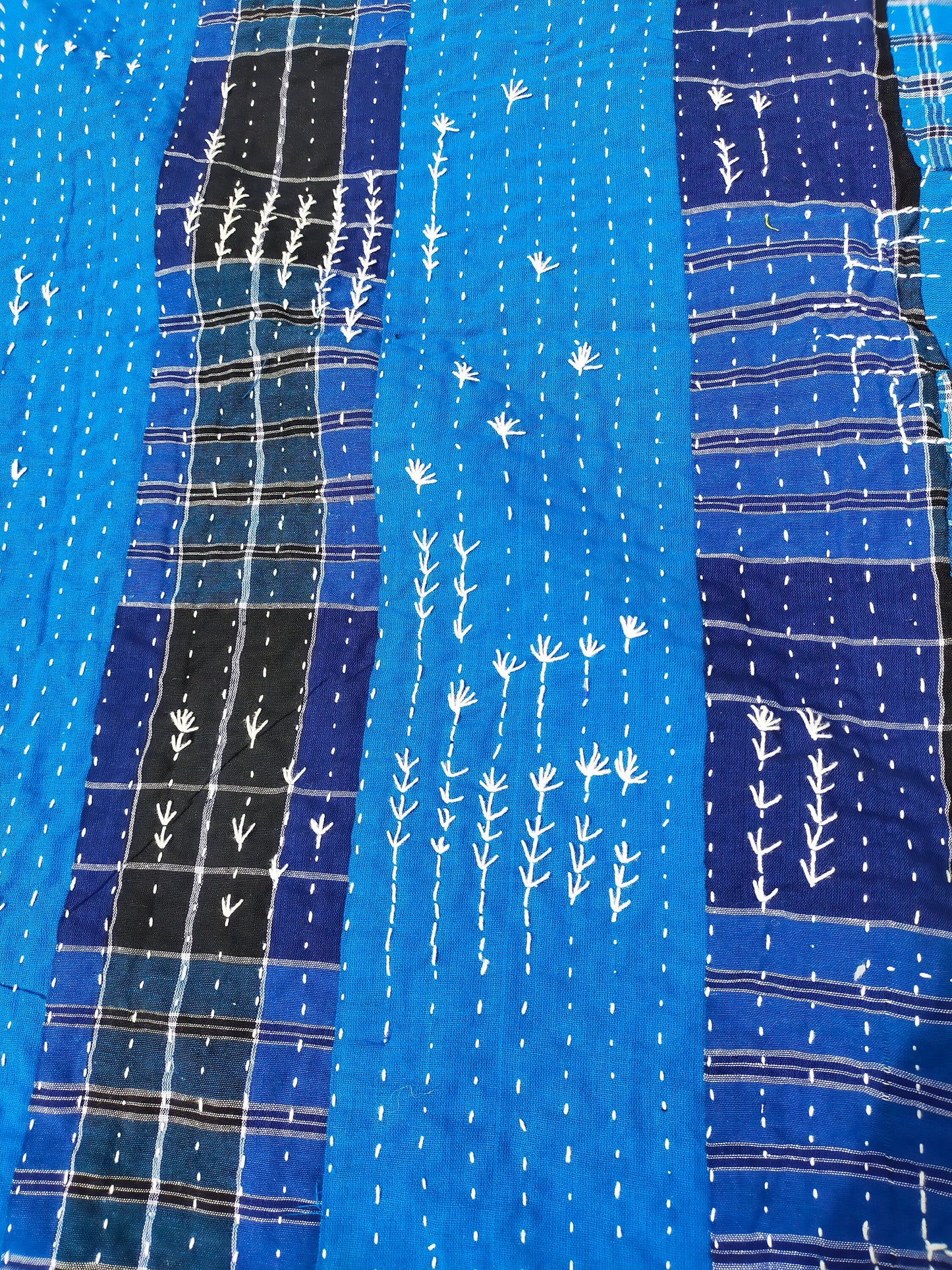 Hand Stitched Indigo Stripe and Checked Lungi Kantha Quilt From Ethically Made In India - Recycled Cotton