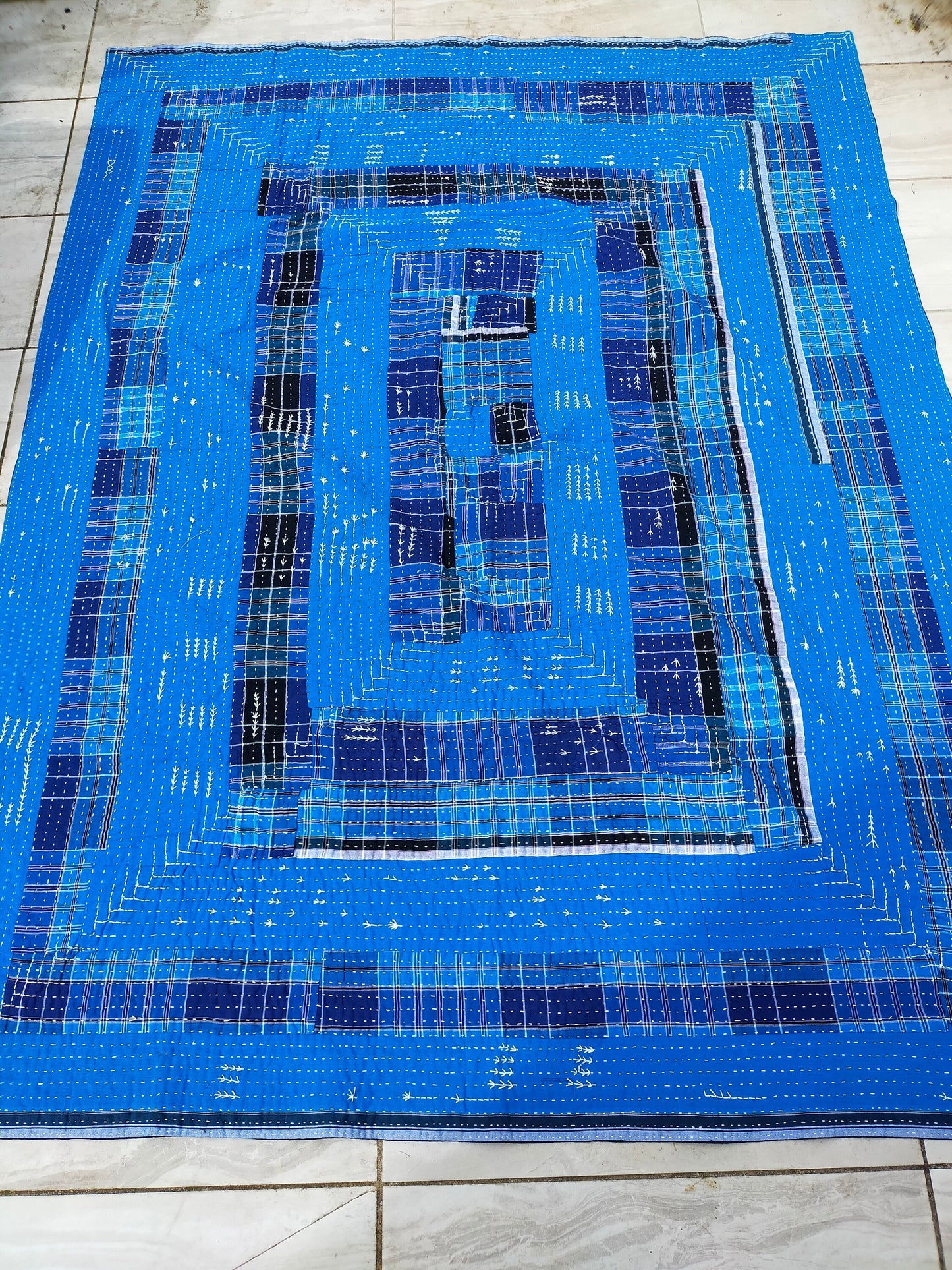 Hand Stitched Indigo Stripe and Checked Lungi Kantha Quilt From Ethically Made In India - Recycled Cotton