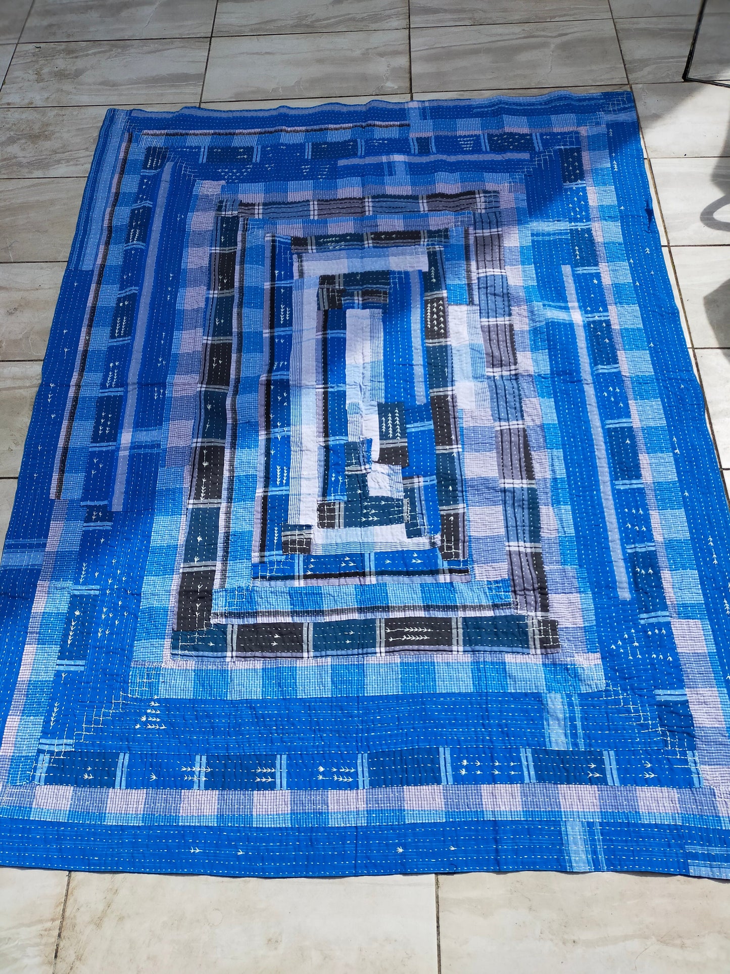Hand-Stitched Indigo Stripe and Checked Recycled Cotton Lungi Kantha Quilt From India - Blue -