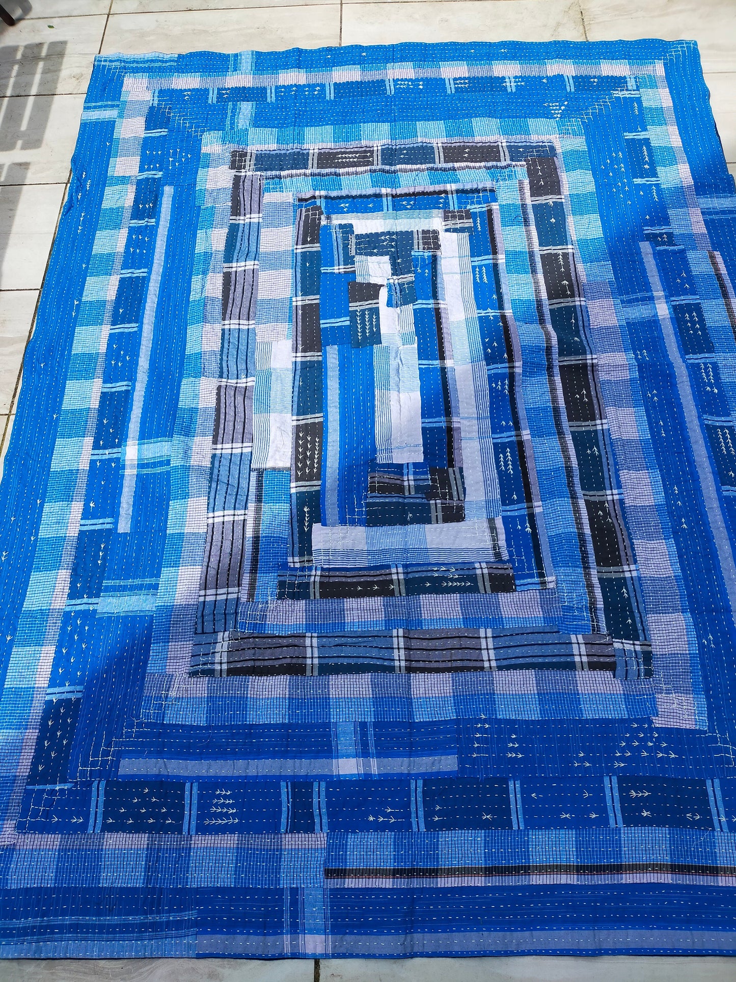 Hand-Stitched Indigo Stripe and Checked Recycled Cotton Lungi Kantha Quilt From India - Blue -