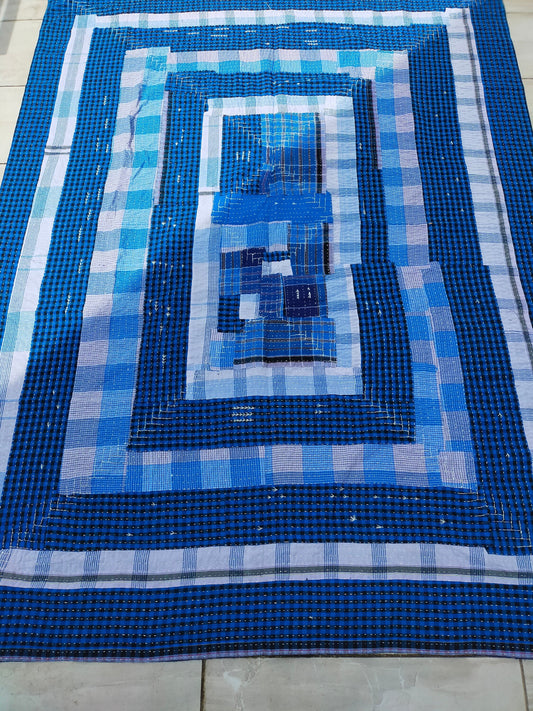 Indigo Stripe and Checked Recycled  Cotton Kantha Quilt From India
