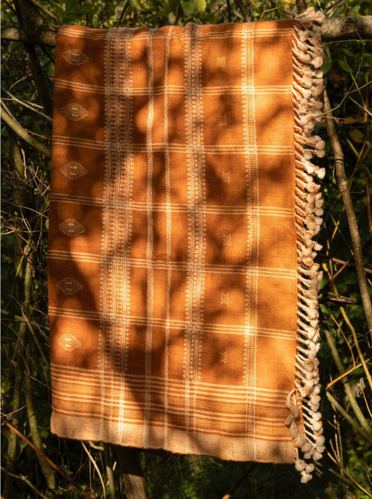 Handwoven Orange Wool Shawl/Throw/Blanket From Kutch, Gujarat.