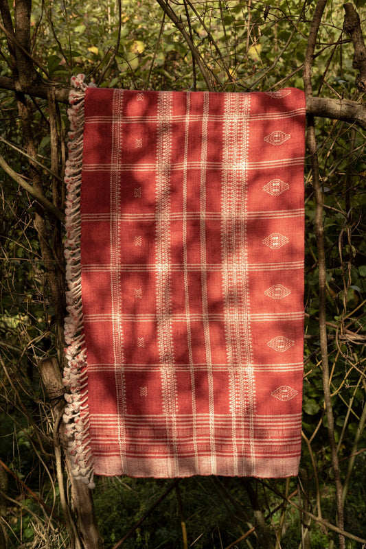 Handwoven Red And White Wool Shawl/Throw/Blanket From Kutch, Gujarat.