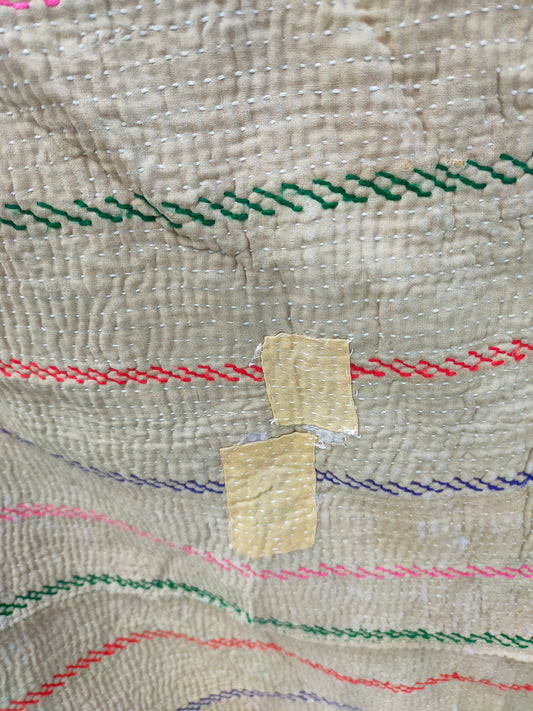 Vintage Hand-Stitched Kantha Quilt Made From Recycled Cotton Saris