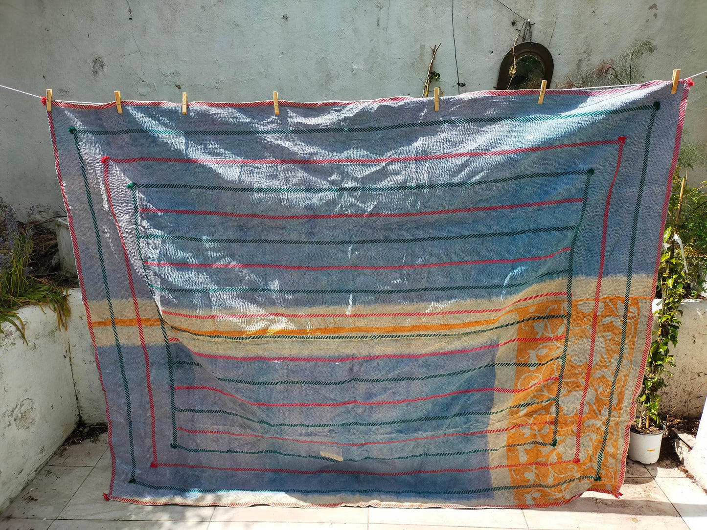 Vintage Hand Stitched Kantha Blanket From India Quilted From Recycled Sari