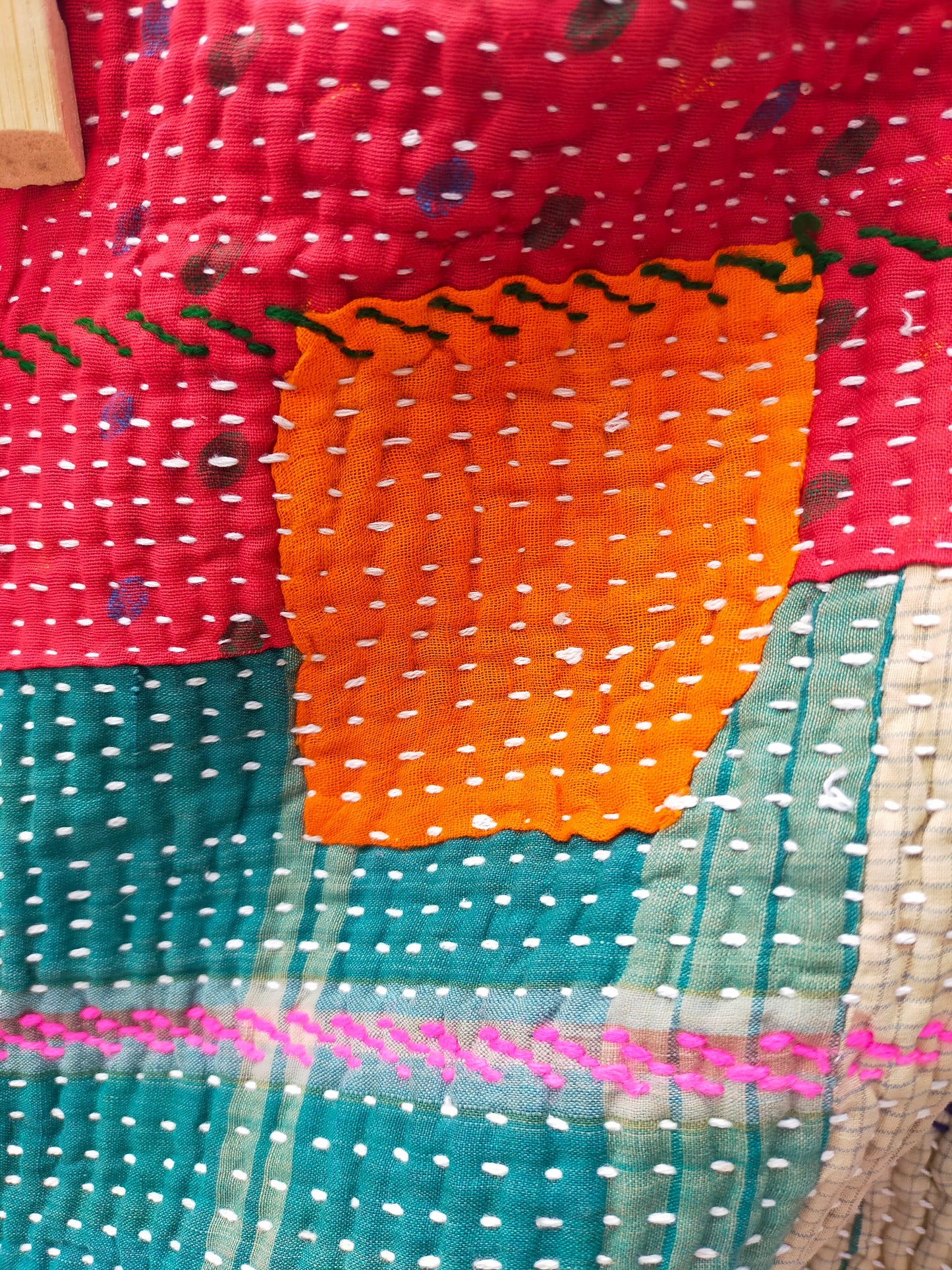 Vintage Hand Stitched Kantha Blanket From India - Quilt Made From Recycled Sari
