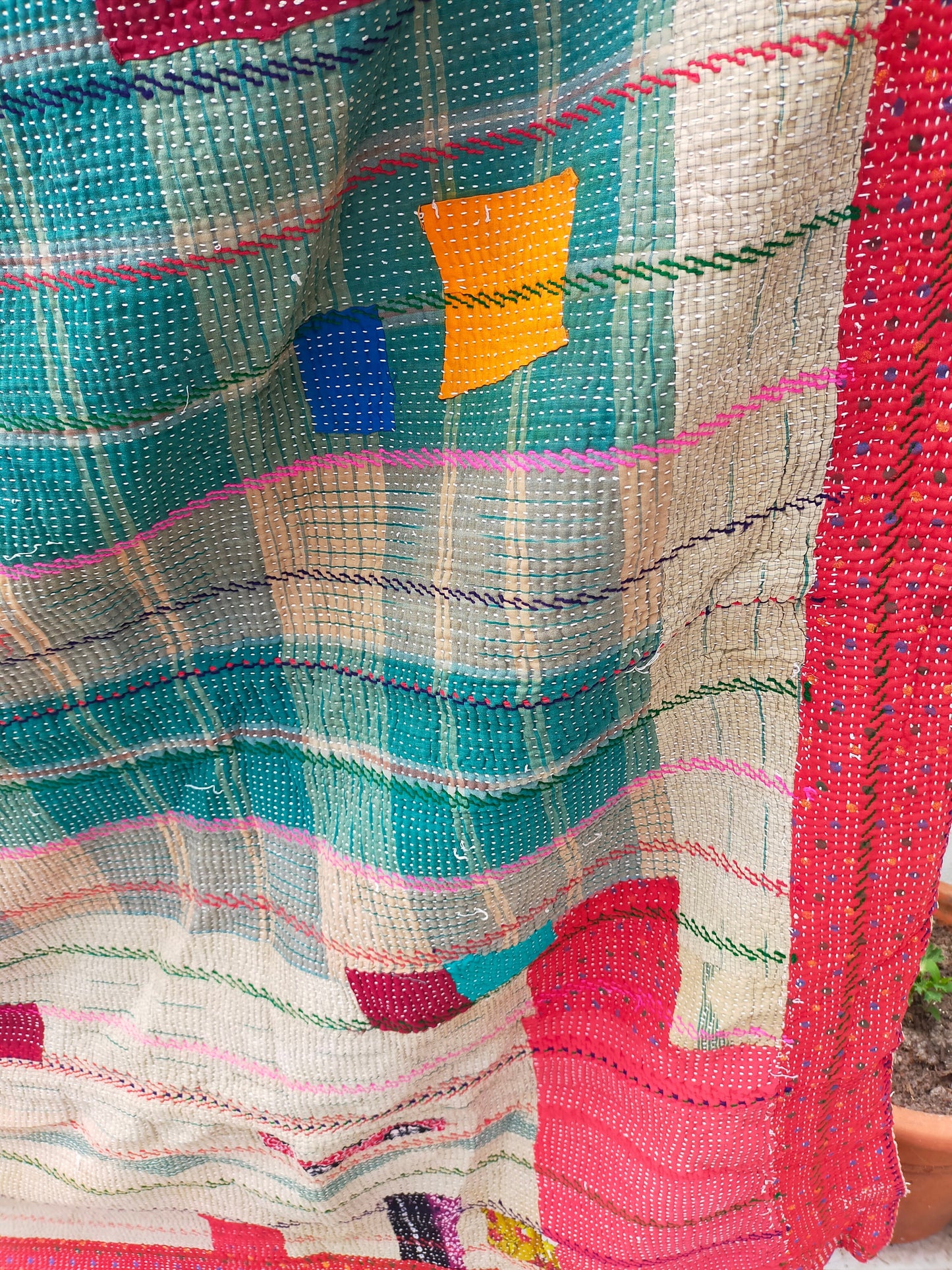 Vintage Hand Stitched Kantha Blanket From India - Quilt Made From Recycled Sari
