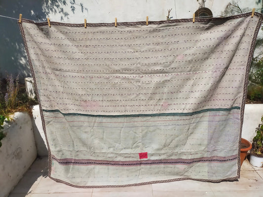 Vintage Hand Stitched Vintage Kantha Quilt Made From Recycled Saris From India