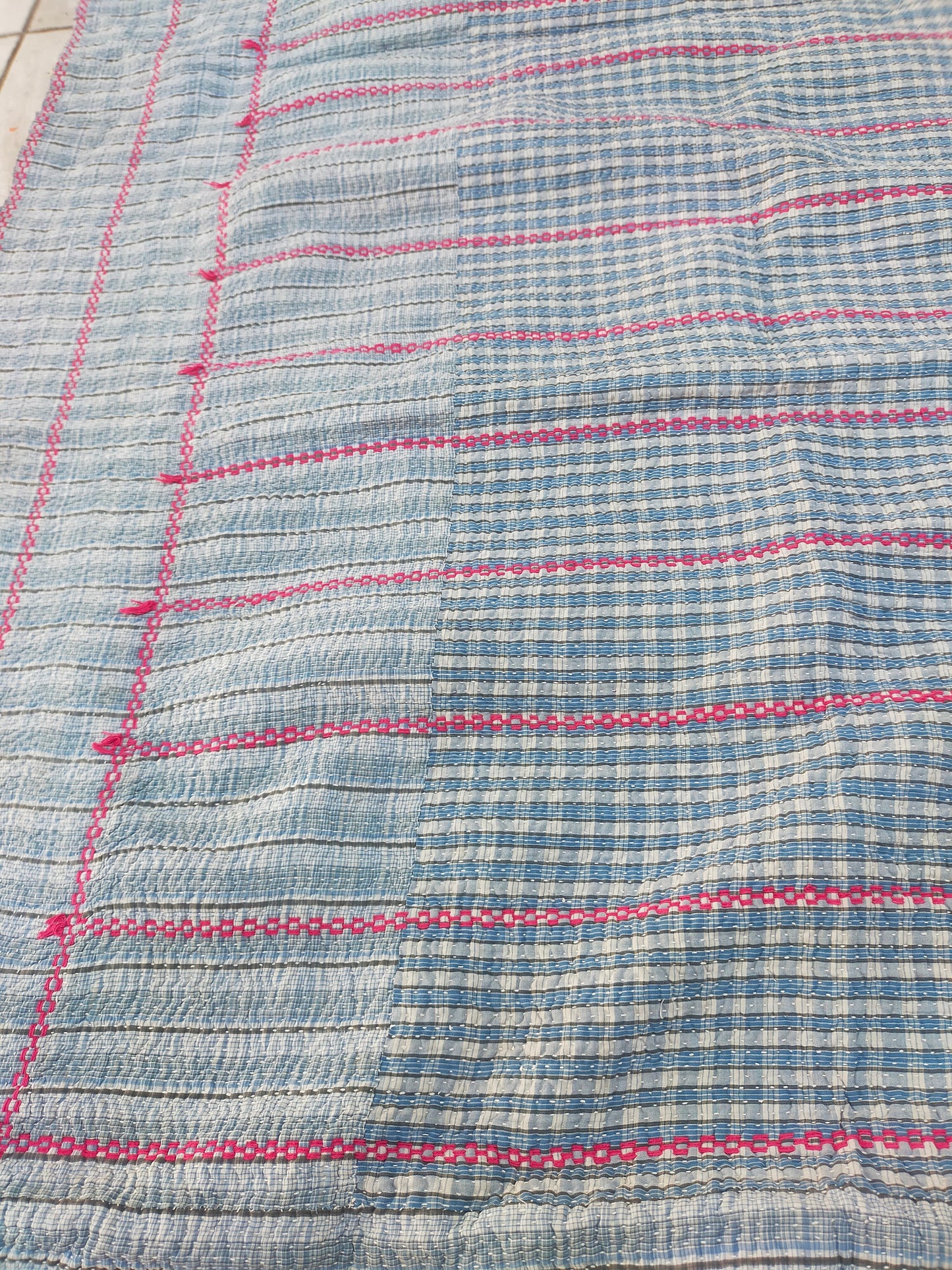 Vintage Hand Stitched Kantha Blanket From India - Quilt Made From Recycled Saris