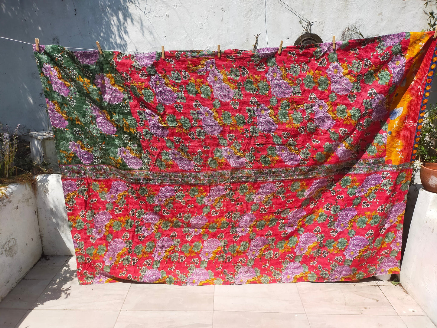 Vintage Hand-Stitched Patchwork Kantha Blanket Quilt Made From Recycled Cotton Saris In India