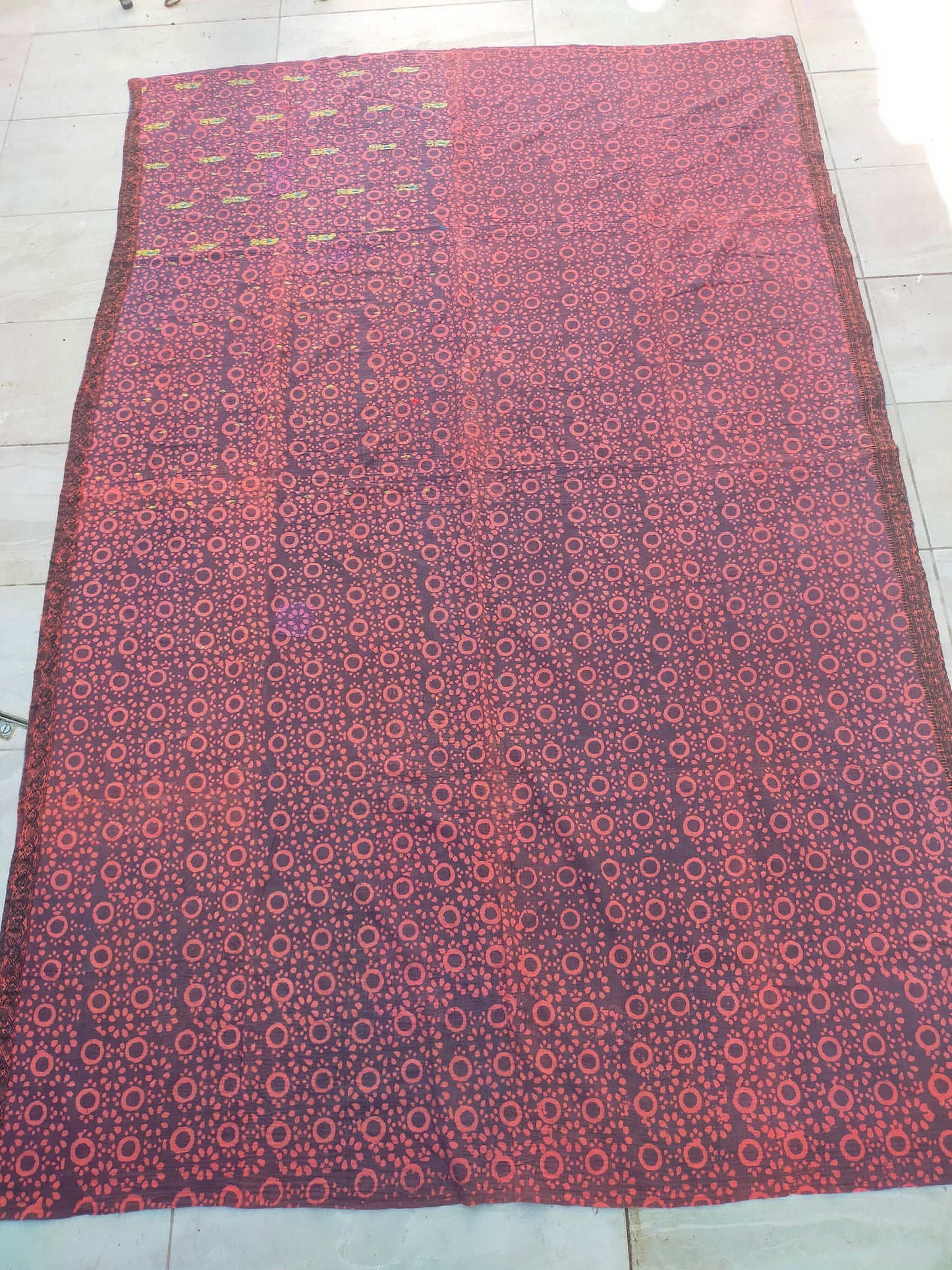 Vintage Hand Stitched Patchwork Kantha Blanket Quilt From India Made From Recycled Cotton Saris - Overdyed And Block Printed