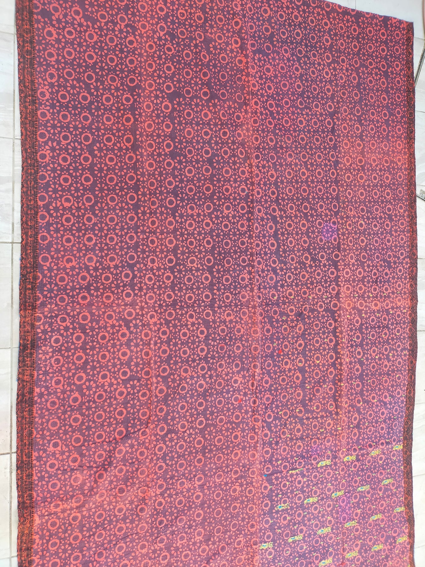 Vintage Hand Stitched Patchwork Kantha Blanket Quilt From India Made From Recycled Cotton Saris - Overdyed And Block Printed